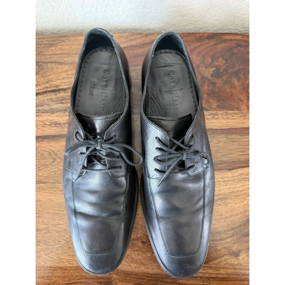 Men's 9 M COLE HAAN AIR Black Leather Plain Toe Derby Blucher Dress Shoes